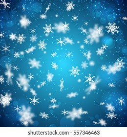 Flat design blue background with falling white snowflakes of different shape vector illustration