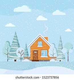 Flat design blue beautiful winter landscape with wooden rural house with chimney, snowy fields, winter trees, spruces, clouds, snowfall in cartoon style. Christmas vector background illustration. 