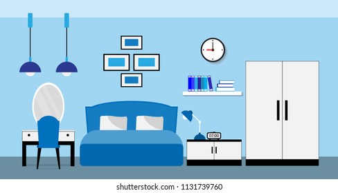 Flat design of blue bedroom interior. Vector illustration