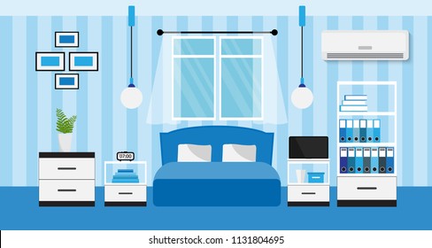 Flat design of blue bedroom interior, vector illustration