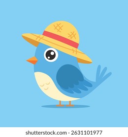 flat design of blue bird. small blue bird wearing a hat. suitable for logo with vacation theme. simple bird design
