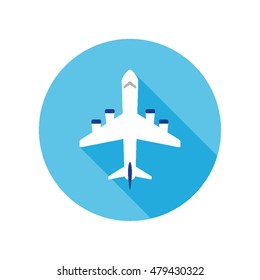 flat design blue circle with white airplane icon on it