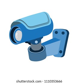 Flat design of Blue closed circuit camera on white background. Wall Mounted CCTV Camera Cartoon concept icon.vector ,illustration. 