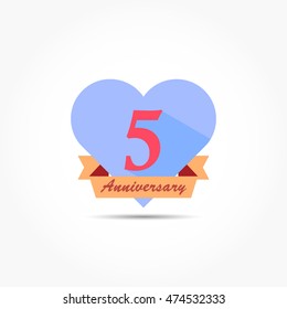 flat design blue heart shape with chocolate ribbon bellow and pink number for fifth anniversary logo vector