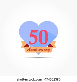 flat design blue heart shape with chocolate ribbon bellow and pink number for fiftieth anniversary logo vector