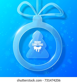 Flat design blue holiday card with christmas ball decoration in glass style vector illustration