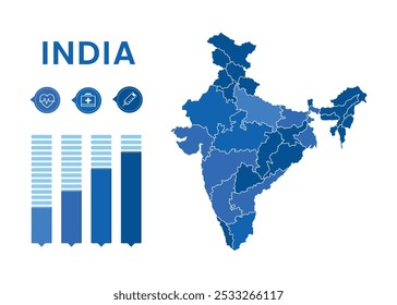Flat design blue india infographics, States border, Blue India Map with States, Political India infographic map vector illustration, Blue detailed map of India with States administrative divisions.