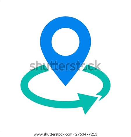 flat design blue location pin with a teal circular rotating arrow representing gps location update map rerouting live tracking refresh navigation recalculation and dynamic route mapping for travel apps