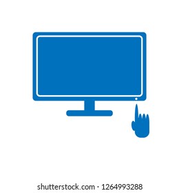 Flat design : Blue monitor with blue hand 
 index finger icon.
technology concept.