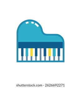 Flat design blue piano illustration with White Background. Clean, modern style with simple geometric shapes and contrasting color palette.