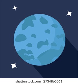 Flat design blue planet illustration with simple and clean style, featuring a fictional planet surface with abstract patterns and stars in space. Suitable for space, astronomy, science fiction, fantasy, universe concept, education, children content, website, mobile app, presentation, banner, and digital marketing. Vector illustration isolated on dark background.