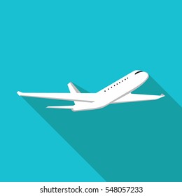 flat design blue square with a flying commercial white airplane with shadow.