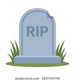 A flat design blue tombstone with the letters RIP engraved on it, surrounded by green grass. A symbol of death, mourning, and remembrance.