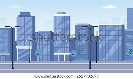Flat Design Blue Urban Cityscape Vector. Modern City Skyline with Street View and Skyscrapers