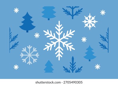 Paisaje de invierno azul de diseño plano con copos de nieve y pinos