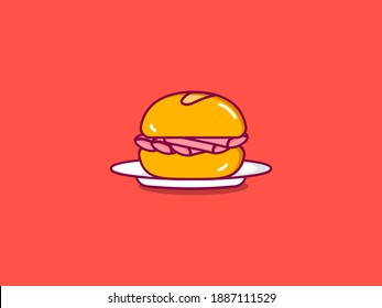 Flat design of a Bologna sandwich or mortadella sandwich (sanduíche de mortadela)of Municipal Market (Mercadão), São Paulo. Common snack of traditional French bread and mortadella consumed in Brazil. 