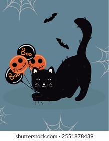  Flat Design Boo Illustration with Cute Character Black Cat and Balloons,Bat