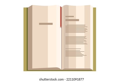 Libro de diseño plano. Abre un libro con texto y una marca de libro. Aislado sobre un vector plano de fondo blanco.