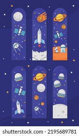 Flat Design Bookmark Space Edition banner set with airplane concept, space planet and dark blue background.