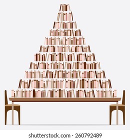 Flat Design Books Galore On Table Vector Illustration