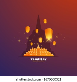 Flat design of Borobudur temple and lantern festival for Vesak day greeting