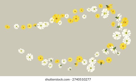 Flat design botanical background with blooming wild flowers element floating wind line
