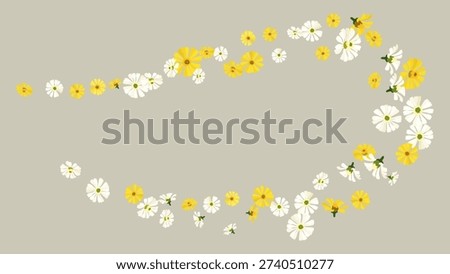 Flat design botanical background with blooming wild flowers element floating wind line