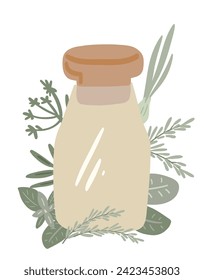 Flat design bottle with green leaves spices basil rosemary cumin