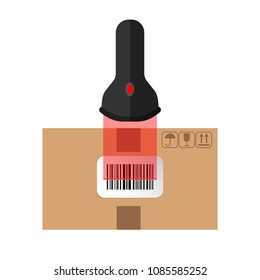 Flat design of box with barcode sticker on top. Scanning barcode label sticker. Vector illustration isolated on transparent background.