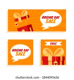 Flat design boxing day sale banners template. Gift with ribbon and bow. Online shopping. Colorful. Eps 10