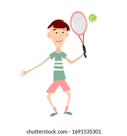 Flat Design Boy Cartoon Holding Racket Playing Tennis Isolated on White Background. Tennis Player Symbol.