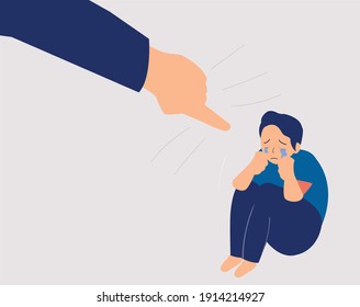 Flat design boy character. Feeling sad and crying. Male covering his face with his hands from finger pointed at him. Person with mental disorder problem. Bullying on children at school concept. Vector