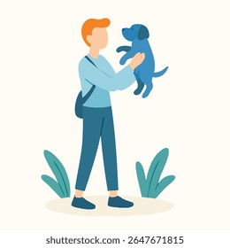 Flat Design Boy Holding Pet Dog Animal Friend Illustration