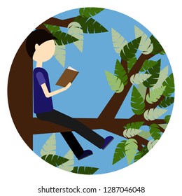 Flat design boy man male reading a book up the tree vector illustration