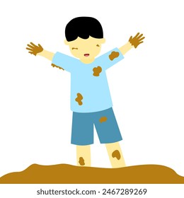 flat design of boy playing in the mud on white background