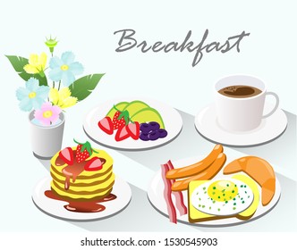 Flat design of breakfast with flowers on table,hot coffee with egg on toast, croissant, bacon,sausages, avocado, pancakes with honey and fruits. Isolated on light blue background. Vector Illustration.