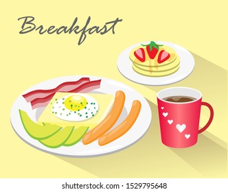 Flat design of Breakfast on table, Hot coffee with egg on toast , bacon, sausages, avocado, pancakes with honey and strawberries. Isolated on light background. Vector Illustration.