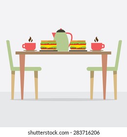 Flat Design Breakfast On Table Vector Illustration
