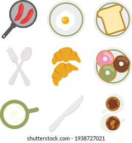flat design with breakfast theme, containing eggs, coffee, tea, bread, milk and sausages.