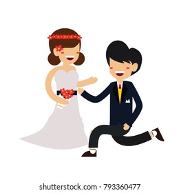 Flat Design Bride and groom with various action Wedding Invitation Cute Couple Set