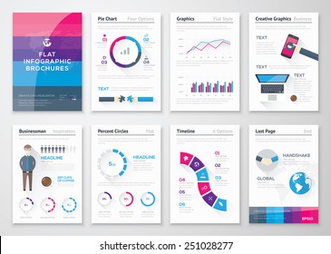 Flat design brochures and infographics business elements. Big set of modern infographic vector elements for web, print, magazine, flyer, brochure, media, marketing and advertising concepts.