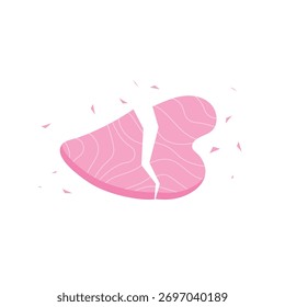 Herramienta de cuarzo rosa roto de diseño plano Gua Sha con una grieta dentada que divide la piedra en forma de corazón. Fragmentos rosados están volando lejos del descanso. Representación de daños en el Producto de fragilidad y percances en el cuidado de la piel