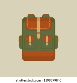 Flat design brown leather and green canvas touristic backpack 