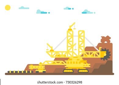 Flat design bucket wheel excavator mining background illustration
