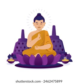 Flat design of Buddha monk meditation, Temple background, Happy Vesak day, Vector illustration