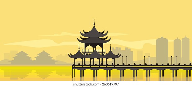 The flat design of the building in an asian style near the water in yellow. China National Building