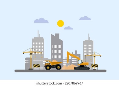 Flat design building industry with builder construction vehicles repair tools and equipment isolated vector illustration