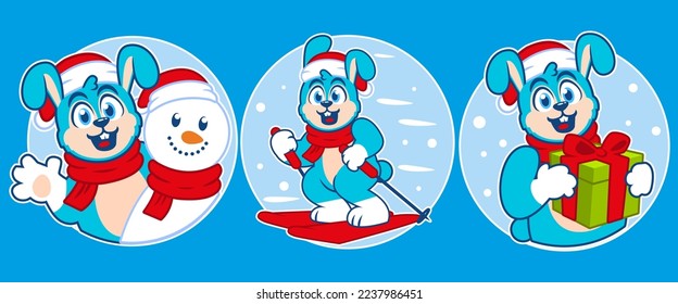 flat design bunny winter christmas stickers