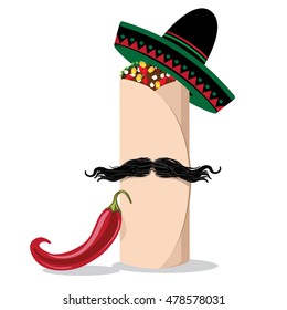 Flat design burrito wearing a sombrero and mustache. EPS 10 vector.