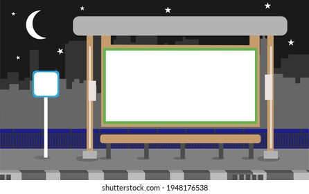 Flat design bus stop board in shadow city background for  advertisement announcement  mockup banners and other. Empty board at bus stop. copy space template mockup display vector illustration (night)